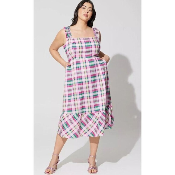 TORRID Pink & Green Mini Poplin Tiered Ruffle Strap Dress Size 00 (10) - Picture 1 of 13